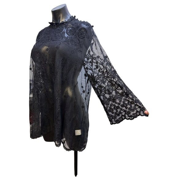 4 Love And Liberty Black Sheer Embroidered Lace Blouse w/Bell Sleeves Size XL - Picture 6 of 10